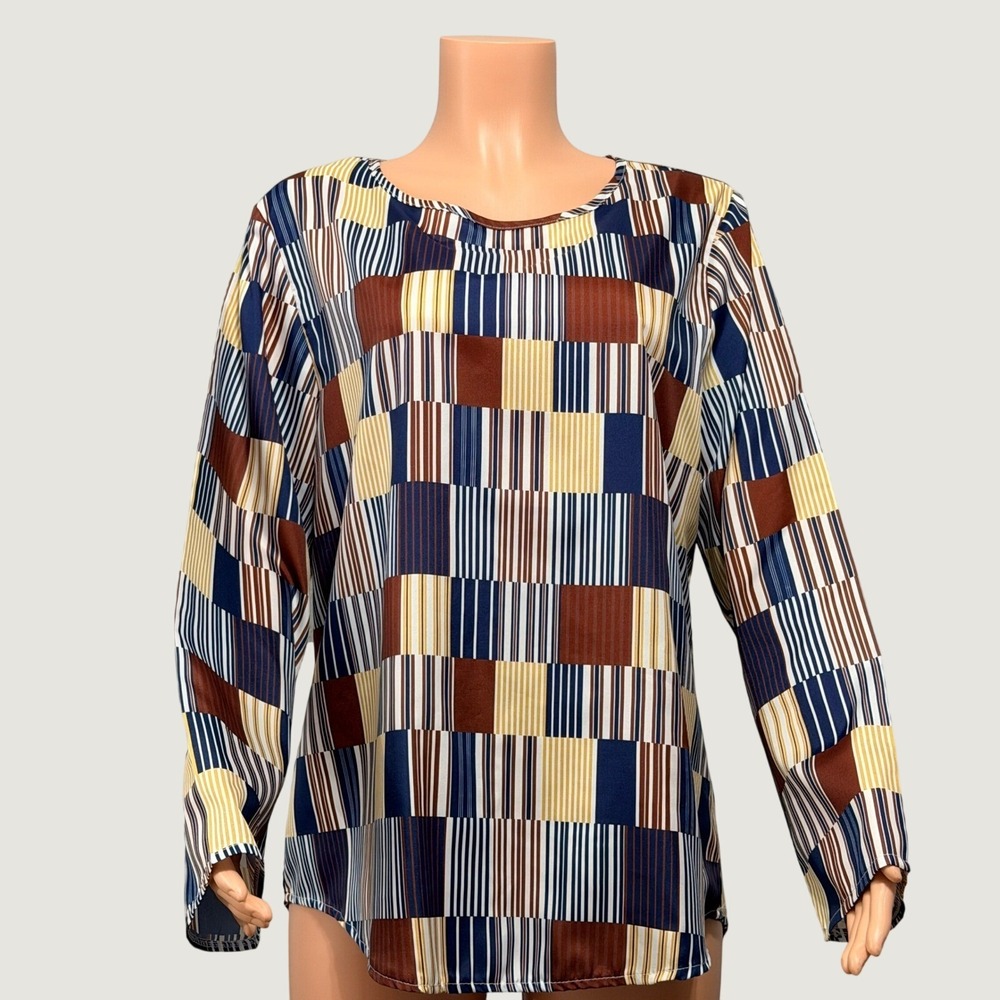Cellabie Women 2XL Striped Patchwork Long Sleeve Blouse Navy Rust Mustard NWT